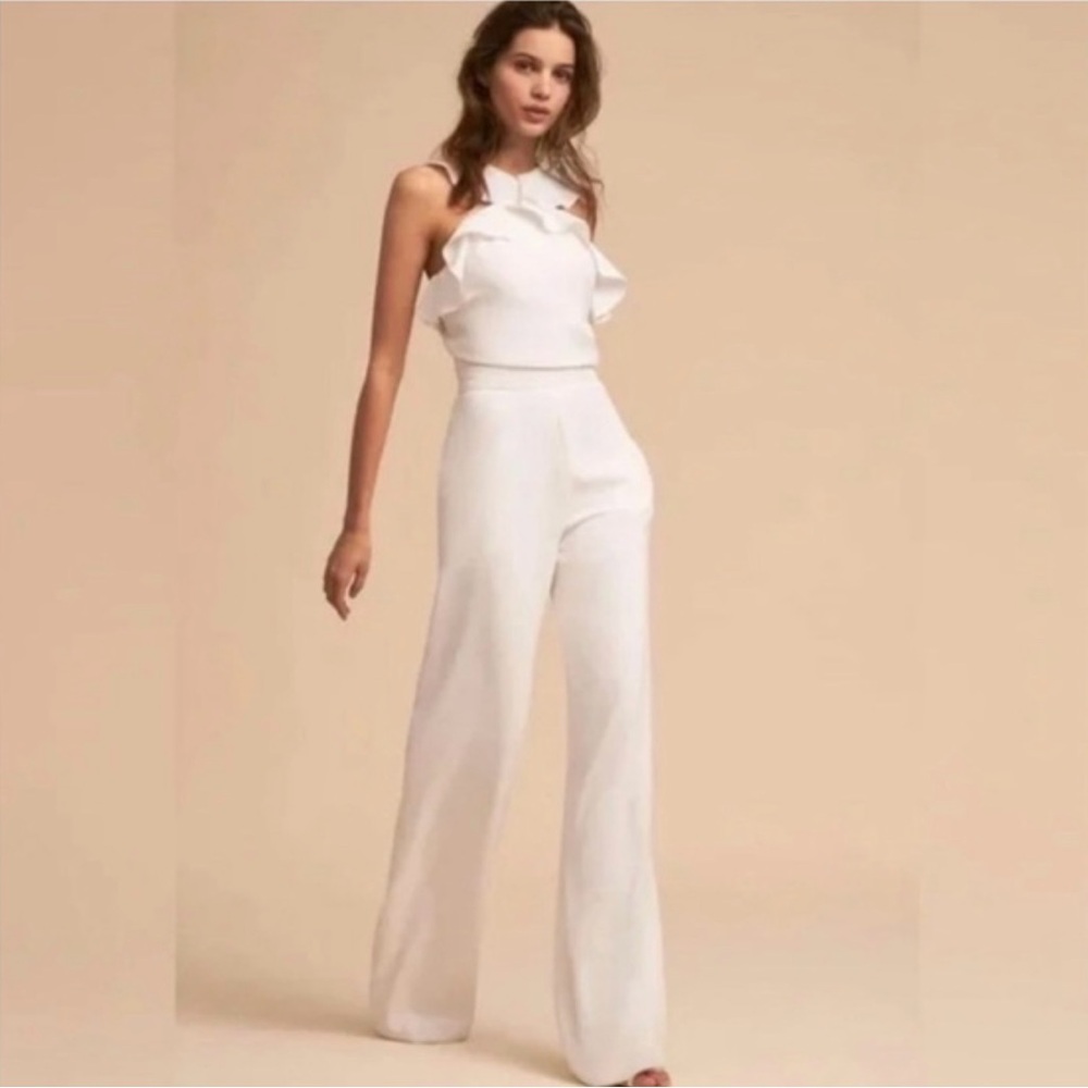 BHLDN MONIQUE LHUILLIER White Bissel Jumpsuit w/ Ruffle Halter Bodice -  Size 8 - Picture 2 of 12